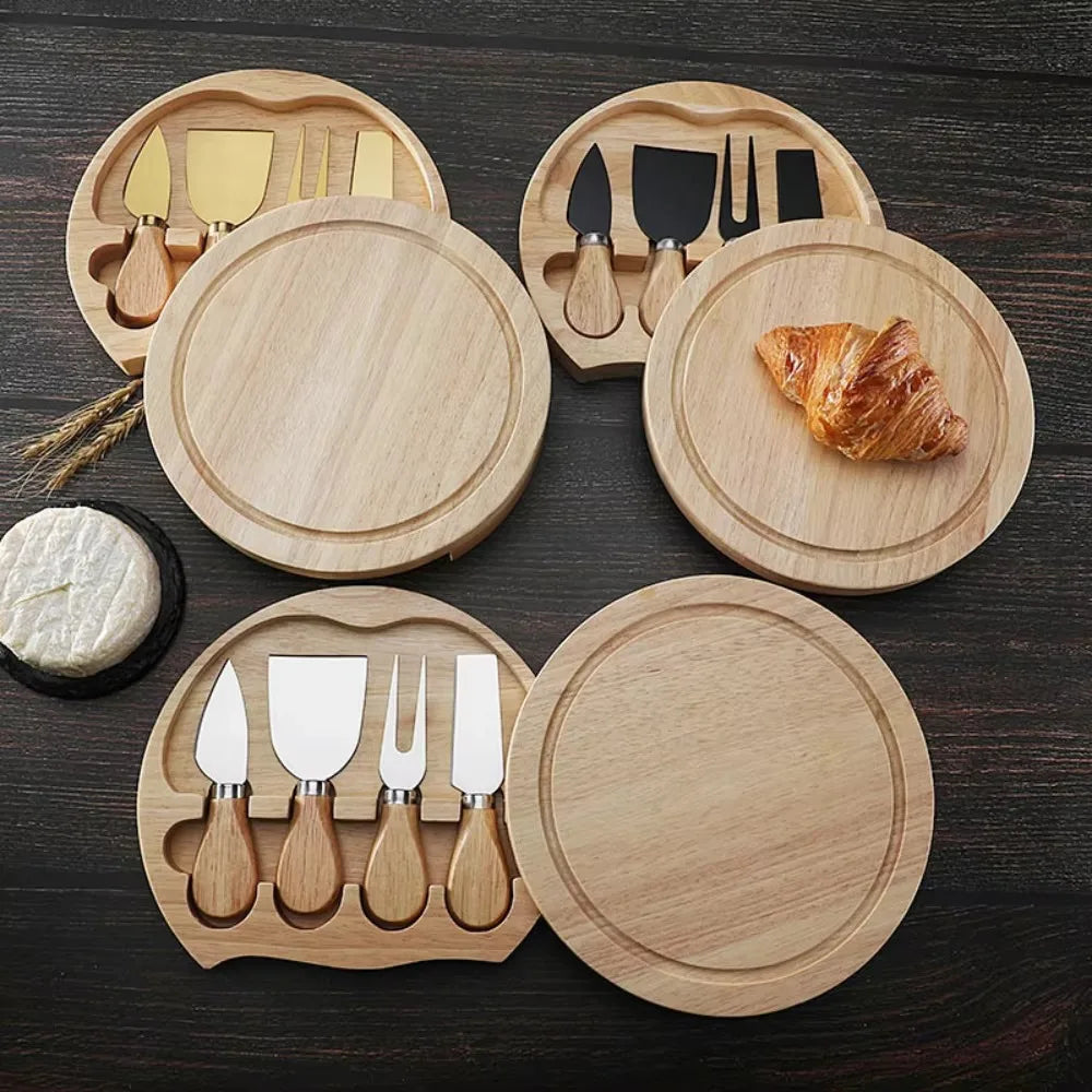 Cheese Knives Set Kitchen Portable Gadgets Simple Knife Tool with Storage Boxes 4-piece Set of Round Rubber Wooden Box Tableware