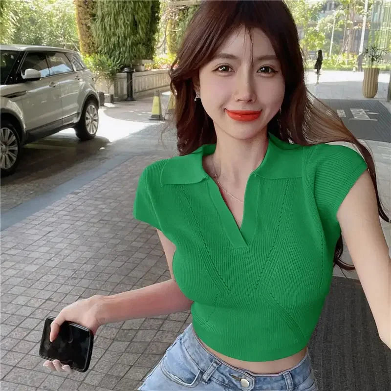 Woman T Shirt Sexy Crop Top Coquette Clothes Plain Polo Neck Women Women's Clothing Trend 2025 Fashion Offer Vintage In On
