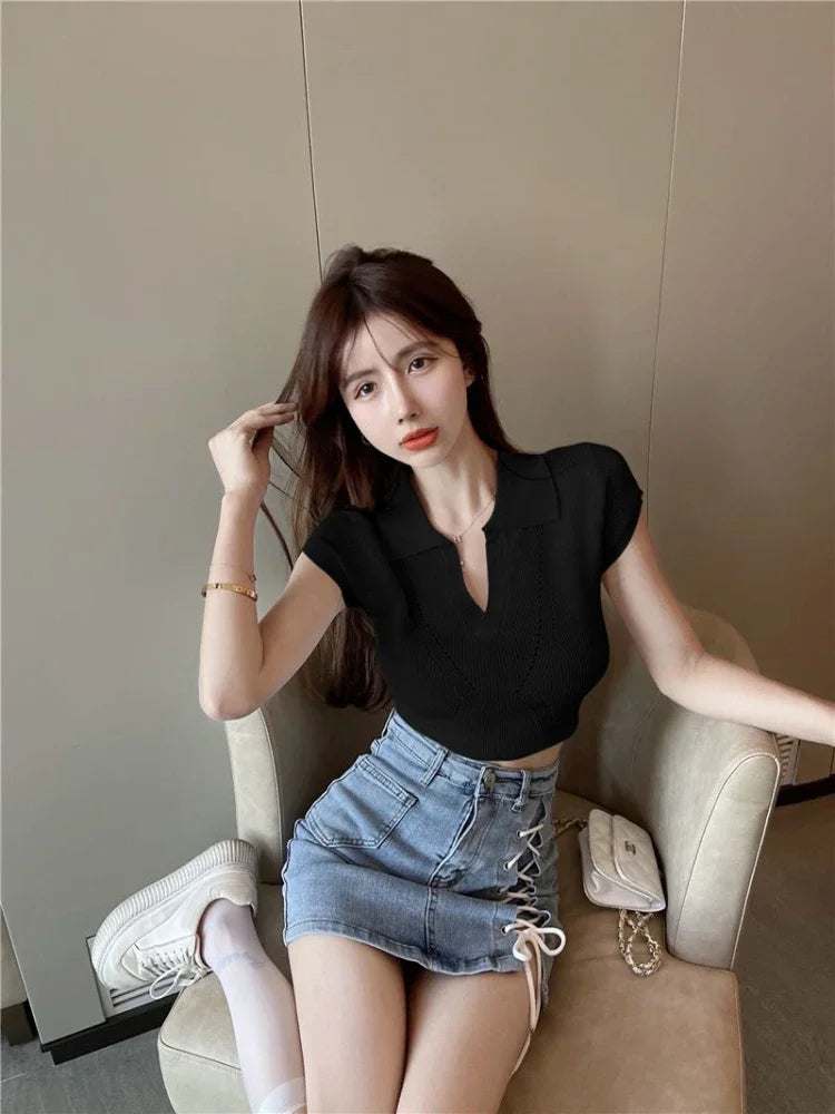 Woman T Shirt Sexy Crop Top Coquette Clothes Plain Polo Neck Women Women's Clothing Trend 2025 Fashion Offer Vintage In On