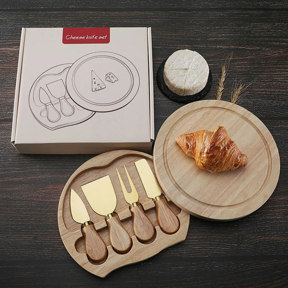 Cheese Knives Set Kitchen Portable Gadgets Simple Knife Tool with Storage Boxes 4-piece Set of Round Rubber Wooden Box Tableware